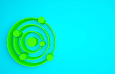 Mavi arkaplanda yeşil güneş sistemi simgesi izole edildi. Gezegenler yıldızın etrafında dönerler. Minimalizm kavramı. 3d illüstrasyon 3B canlandırma.