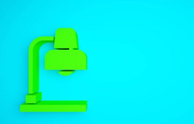 Mavi arkaplanda yeşil masa lambası simgesi izole edildi. Minimalizm kavramı. 3d illüstrasyon 3B canlandırma.
