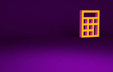Mor arkaplanda turuncu hesap makinesi simgesi izole edildi. Muhasebe sembolü. İş hesaplamaları matematik eğitimi ve finans. Minimalizm kavramı. 3d illüstrasyon 3B canlandırma.