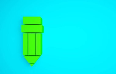 Mavi arkaplanda silgi simgesine sahip yeşil kalem. Çizim ve eğitim araçları. Okul sembolü. Minimalizm kavramı. 3d illüstrasyon 3B canlandırma.