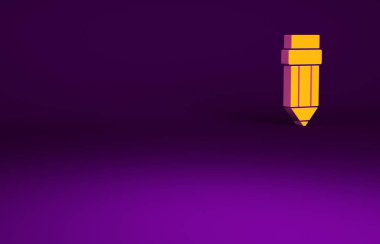 Mor arkaplanda izole edilmiş silgi simgesine sahip turuncu kalem. Çizim ve eğitim araçları. Okul sembolü. Minimalizm kavramı. 3d illüstrasyon 3B canlandırma.