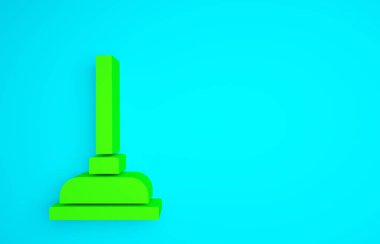 Boru temizleme ikonu için ahşap saplı yeşil lastik pompa mavi arka planda izole edilmiş. Tuvalet pompası. Minimalizm kavramı. 3d illüstrasyon 3B canlandırma.