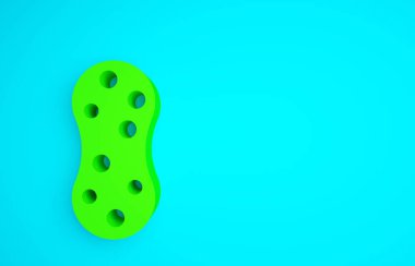 Mavi arkaplanda baloncuk simgesi olan yeşil sünger. Bulaşık yıkamak için bir tutam Bast. Temizlik servisi logosu. Minimalizm kavramı. 3d illüstrasyon 3B canlandırma.