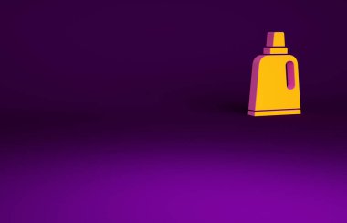 Çamaşır deterjanı, çamaşır suyu, bulaşık deterjanı ya da mor arka planda izole edilmiş başka bir temizlik maddesi ikonu için turuncu plastik şişe. Minimalizm kavramı. 3d illüstrasyon 3B canlandırma.
