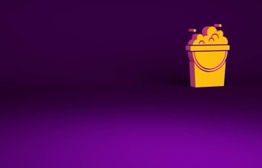 Mor zemin üzerinde sabun köpüğü simgesi olan turuncu kova. Sulu kase. Çamaşır yıkama, temizlik malzemeleri. Minimalizm kavramı. 3d illüstrasyon 3B canlandırma.