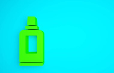 Çamaşır deterjanı, çamaşır suyu, bulaşık deterjanı ya da mavi arka planda izole edilmiş başka bir temizlik malzemesi için yeşil plastik şişe. Minimalizm kavramı. 3d illüstrasyon 3B canlandırma.