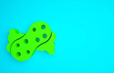 Mavi arkaplanda baloncuk simgesi olan yeşil sünger. Bulaşık yıkamak için bir tutam Bast. Temizlik servisi logosu. Minimalizm kavramı. 3d illüstrasyon 3B canlandırma.