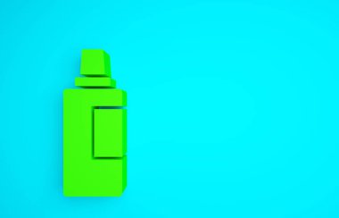 Çamaşır deterjanı, çamaşır suyu, bulaşık deterjanı ya da mavi arka planda izole edilmiş başka bir temizlik malzemesi için yeşil plastik şişe. Minimalizm kavramı. 3d illüstrasyon 3B canlandırma.