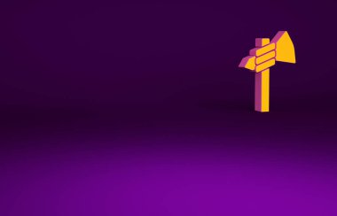 Mor arka planda izole edilmiş turuncu Amerikan Tomahawk balta ikonu. Minimalizm kavramı. 3d illüstrasyon 3B canlandırma.