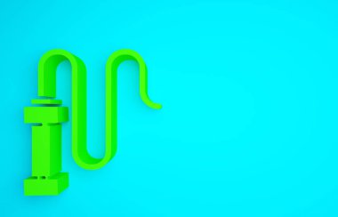 Mavi arka planda yeşil örgülü deri kamçı ikonu var. Minimalizm kavramı. 3d illüstrasyon 3B canlandırma.