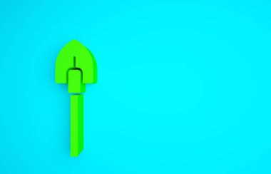 Mavi arkaplanda yeşil kürek simgesi izole edildi. Bahçe aletleri. Bahçecilik, tarım, çiftçilik aleti. Minimalizm kavramı. 3d illüstrasyon 3B canlandırma.