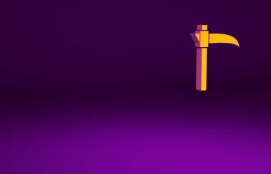 Mor arkaplanda izole edilmiş turuncu tırpan simgesi. Mutlu Cadılar Bayramı Partisi. Minimalizm kavramı. 3d illüstrasyon 3B canlandırma.