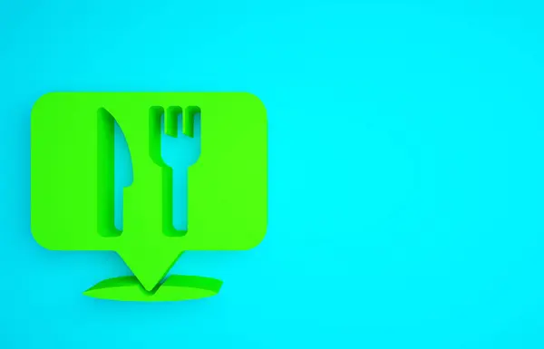 緑のカフェとレストランの場所のアイコンは青の背景に隔離された ポイント内のフォークとスプーンの食事の看板 最小限の概念 3Dイラスト3Dレンダリング — ストック写真