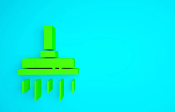 绿色淋浴头与水滴落流动图标隔离在蓝色背景 最低纲领的概念 3D渲染3D插图 — 图库照片