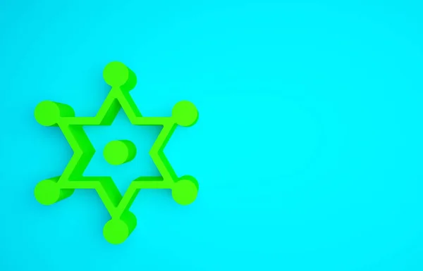 Green Hexagram sheriff icon isolated on blue background. Police badge icon. Minimalism concept. 3d illustration 3D render.