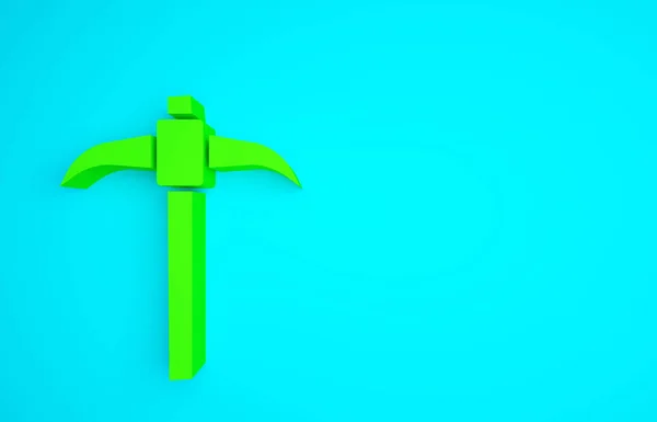青の背景に緑のピックアックスのアイコンを隔離 最小限の概念 3Dイラスト3Dレンダリング — ストック写真