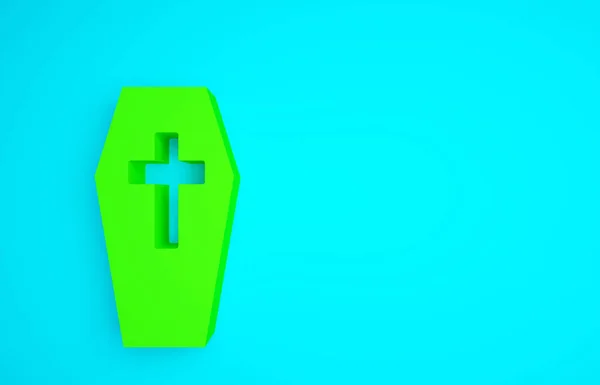青の背景に隔離されたキリスト教の十字のアイコンを持つ緑の棺 ハッピーハロウィンパーティー 最小限の概念 3Dイラスト3Dレンダリング — ストック写真