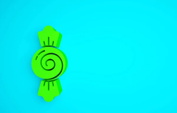 緑のキャンディアイコンは青の背景に隔離されました ハッピーハロウィンパーティー 最小限の概念 3Dイラスト3Dレンダリング — ストック写真