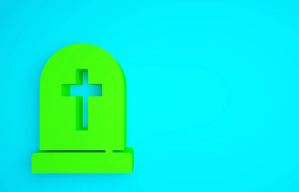 Green Tombstone with cross icon isolated on blue background. Grave icon. Happy Halloween party. Minimalism concept. 3d illustration 3D render.