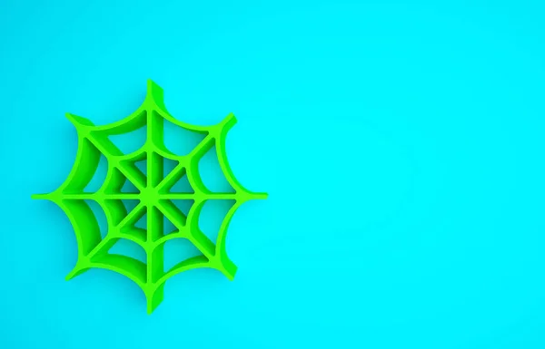 Green Spider web icon isolated on blue background. Cobweb sign. Happy Halloween party. Minimalism concept. 3d illustration 3D render.