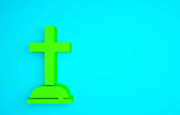 青の背景にアイコンが描かれたグリーンのトムストーン 墓のアイコン 最小限の概念 3Dイラスト3Dレンダリング — ストック写真