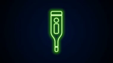 Tıbbi inceleme ikonu için parıldayan neon hattı dijital termometre siyah arka planda izole edildi. 4K Video hareketli grafik canlandırması