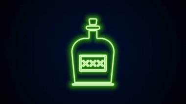 Parlayan neon hattı Alkol, siyah arka planda izole edilmiş rom şişesi ikonu. 4K Video hareketli grafik canlandırması