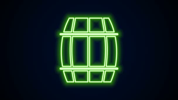 Glowing neon line Wooden barrel icon isolated on black background. Alcohol barrel, drink container, wooden keg for beer, whiskey, wine. 4K Video motion graphic animation — Stock Video