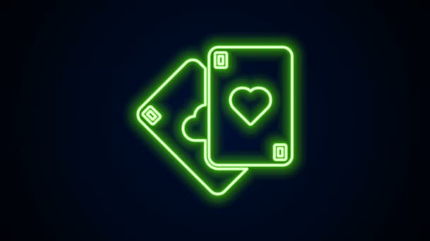 Glowing neon line Playing cards icon isolated on black background. Casino gambling. 4K Video motion graphic animation — Stock Video