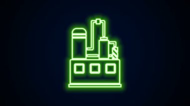 Parlayan neon hattı petrol ve gaz endüstriyel yapı ikonu siyah arka planda izole edildi. 4K Video hareketli grafik canlandırması