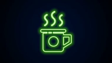 Siyah arka planda izole edilmiş parlak neon çizgili çay ikonu. Tatlı doğal yemek. 4K Video hareketli grafik canlandırması