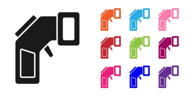 Beyaz zemin üzerinde kızılötesi ışık ikonu olan siyah dijital temassız termometre. Simgeleri renklendirin. Vektör.