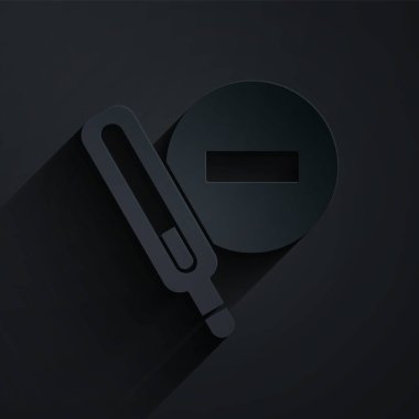 Tıbbi muayene ikonu için kağıt kesiği termometresi siyah arka planda izole edilmiş. Kağıt sanatı tarzı. Vektör.