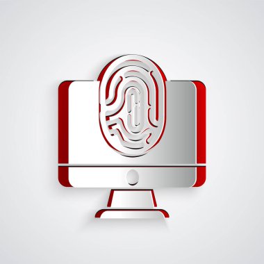 Gri arkaplanda parmak izi simgesi olan kağıt kesiği monitörü. Kimlik uygulaması simgesi. Kimlik işareti. Kimliğe dokun. Kağıt sanatı tarzı. Vektör.