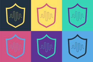 Pop Art Shield ses tanıma simgesi renk arkaplanında izole edildi. Kimlik tanıma için ses biyometrik kimlik doğrulaması. Vektör.