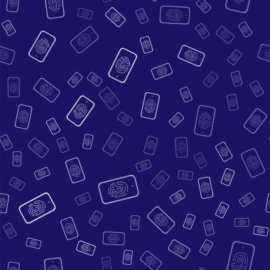 Parmak izi tarayıcı simgesine sahip beyaz akıllı telefon mavi arkaplandaki kusursuz deseni izole etti. Güvenlik kavramı, cep telefonundan kişisel erişim. Vektör.
