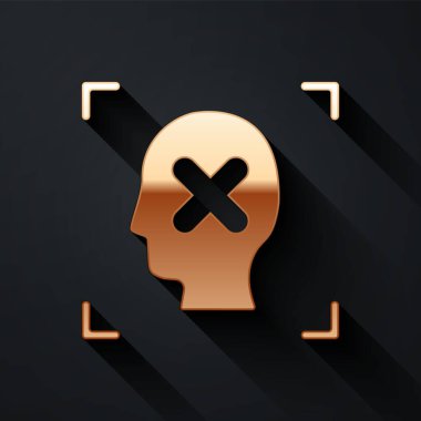 Altın Reddetme yüz tanıma simgesi siyah arkaplanda izole edildi. Yüz tanımlama simgesi. Yüz tanıma. Siber güvenlik kavramı. Uzun gölge tarzı. Vektör.