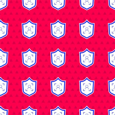 Mavi Kalkan yüz tanıma simgesi kırmızı arkaplanda izole edilmiş pürüzsüz desen. Yüz tanımlama simgesi. Yüz tanıma. Siber güvenlik kavramı. Vektör.