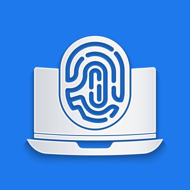 Kağıt kesiği Laptop, mavi arkaplanda izole edilmiş parmak izi simgesi. Kimlik uygulaması simgesi. Kimlik işareti. Kimliğe dokun. Kağıt sanatı tarzı. Vektör.