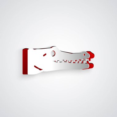 Kağıt kesiği, gri arkaplanda izole edilmiş timsah simgesi. Hayvan sembolü. Kağıt sanatı tarzı. Vektör.