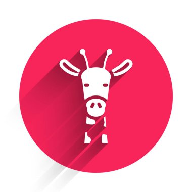 Beyaz zürafa başı ikonu uzun gölgeli izole edilmiş. Hayvan sembolü. Kırmızı daire düğmesi. Vektör.