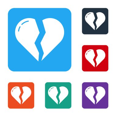 Beyaz kırık kalp ya da beyaz arka planda izole edilmiş boşanma ikonu. Aşk sembolü. Sevgililer Günü. Renkli kare düğmelerle simgeleri ayarla. Vektör.