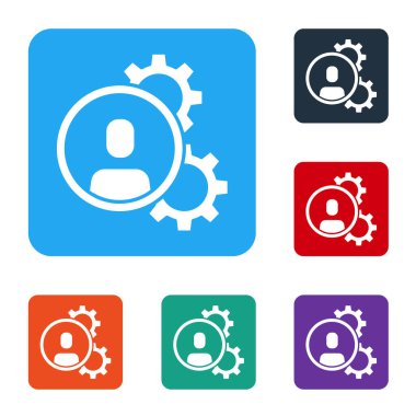 Beyaz kafa avlama ikonu beyaz arka planda izole edildi. İş hedefi ya da İstihdam tabelası. İş için insan kaynakları ve adam toplama. Renkli kare düğmelerle simgeleri ayarla. Vektör.