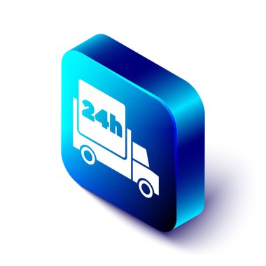 Isometric Hızlı beyaz arka planda izole araba ikonu ile teslim. Mavi kare düğme. Vektör.