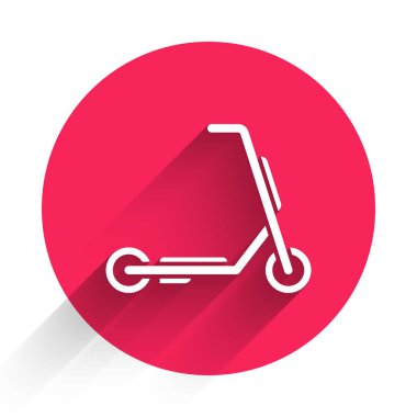 Beyaz Scooter teslimat ikonu uzun gölgeli izole edildi. Teslimat hizmeti konsepti. Kırmızı daire düğmesi. Vektör.