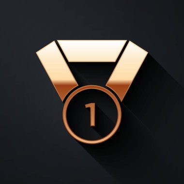 Altın Madalya ikonu siyah arkaplanda izole edilmiş. Kazanan sembol. Uzun gölge tarzı. Vektör.