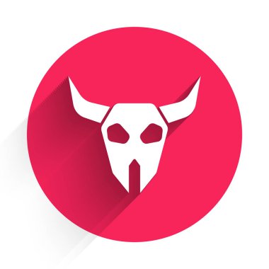 Beyaz Bufalo kafatası ikonu uzun gölgeli. Kırmızı daire düğmesi. Vektör.