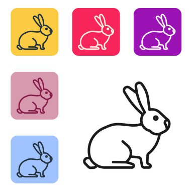 Beyaz arkaplanda siyah çizgi tavşan simgesi izole edildi. Renkli kare düğmelerle simgeleri ayarla. Vektör.