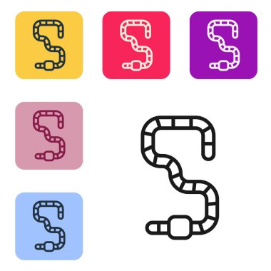 Beyaz arkaplanda siyah çizgi solucanı simgesi izole edildi. Balık oltası. Renkli kare düğmelerle simgeleri ayarla. Vektör.