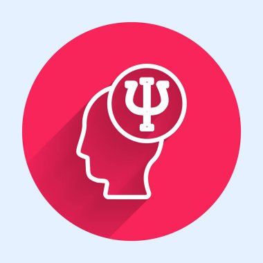 Beyaz çizgi psikoloji ikonu uzun gölgeli izole edilmiş. Psi sembolü. Akıl sağlığı konsepti, psikanaliz analizi ve psikoterapi. Kırmızı daire düğmesi. Vektör.